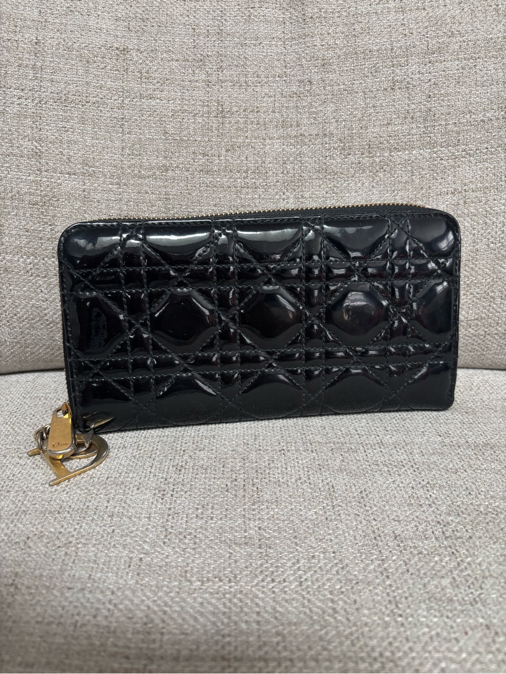 Dior Black Patent Leather Quilted Zip-Around Wallet with Gold Dior Charm